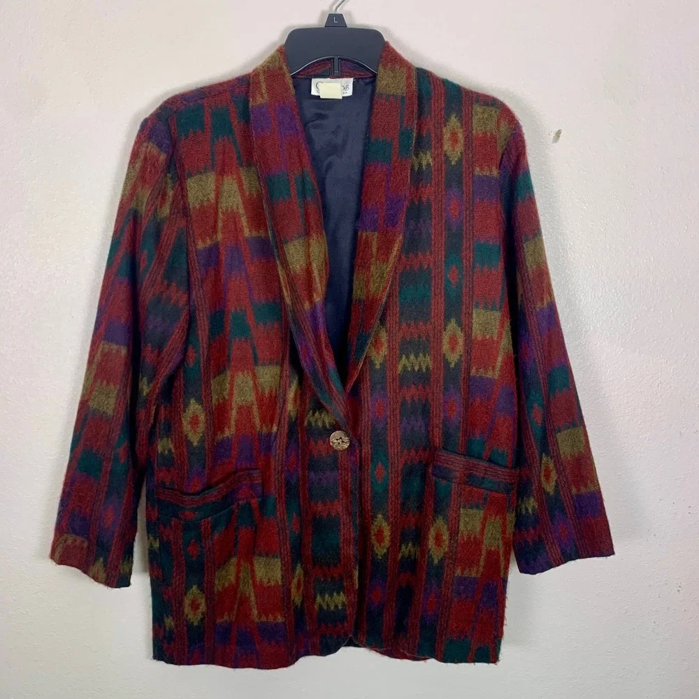 Cosmos Collection USA Vintage Southwestern Geometric Shawl Collar Blazer Women S - Picture 3 of 8